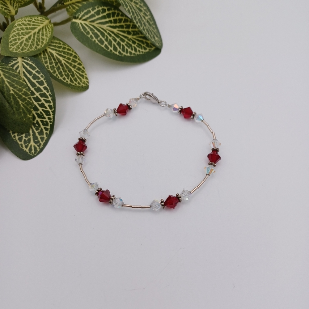 Ruby Red Beaded Silver Tube Bracelet